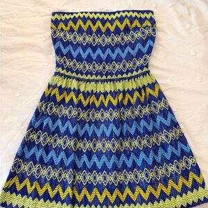 dina be Strapless Blue Embroidered Dress Size M Boho Geometric Pattern